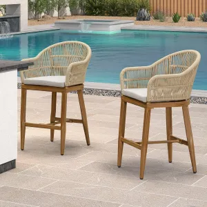 PURPLE LEAF Outdoor Counter Height Bar Stools Set of 2 Patio Metal Modern Wicker Rattan Bar Chairs Woven Aluminum Barstools with Back and Cushions for Balcony Garden Indoor Kitchen Outside Teak