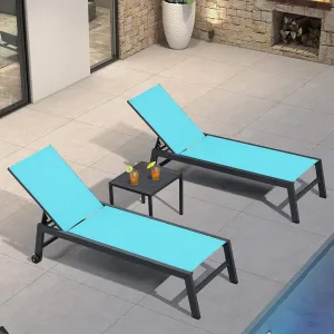 PURPLE LEAF Patio Chaise Lounge Set 2 Pieces Textilene Pool Lounge Chairs with Wheels Sunbathing Chair for Outdoor Yard (2 Turquoise Blue Lounges W/Side Table)