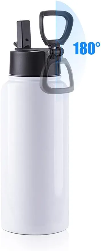 PYD Life 2 Pack Sublimation Blank Tumbler 32 OZ White Vacuum Flask Stainless Steel Sports Wide Mouth Water Bottle with Straw and Portable Handle