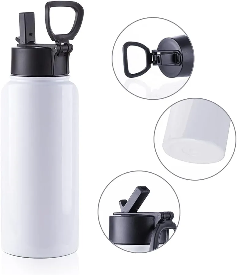 PYD Life 2 Pack Sublimation Blank Tumbler 32 OZ White Vacuum Flask Stainless Steel Sports Wide Mouth Water Bottle with Straw and Portable Handle