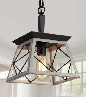 Q&S Farmhouse Pendant Light Fixture,Vintage Pendant Light Chandelier,Industrial Hanging Lighting,Wrought Iron,Oak and ORB,1 Light E26 UL Listed