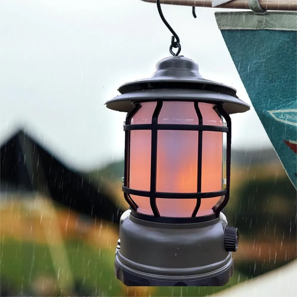 Rechargeable Camping Lantern, Flame Decorative Table Lamp, 3 Modes LED Light with Hook,Portable Waterproof Camping Light for Indoor/Outdoor Use