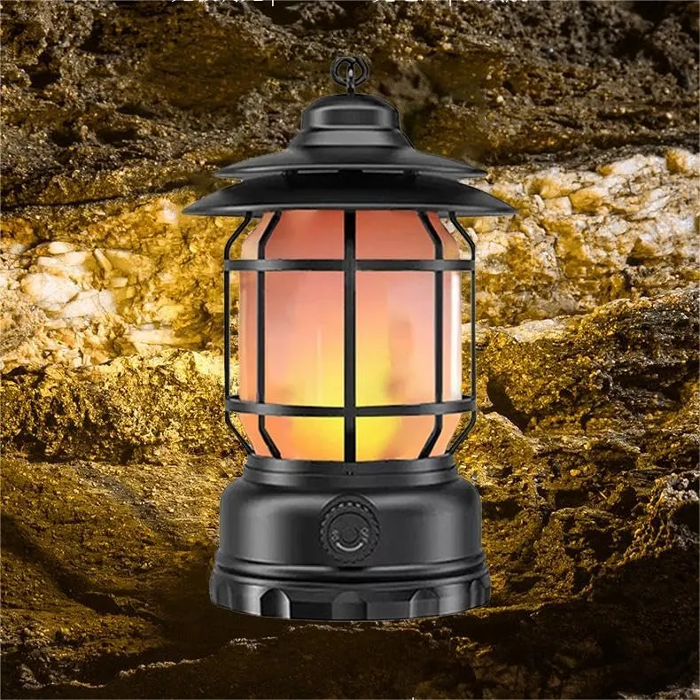 Rechargeable Camping Lantern, Flame Decorative Table Lamp, 3 Modes LED Light with Hook,Portable Waterproof Camping Light for Indoor/Outdoor Use