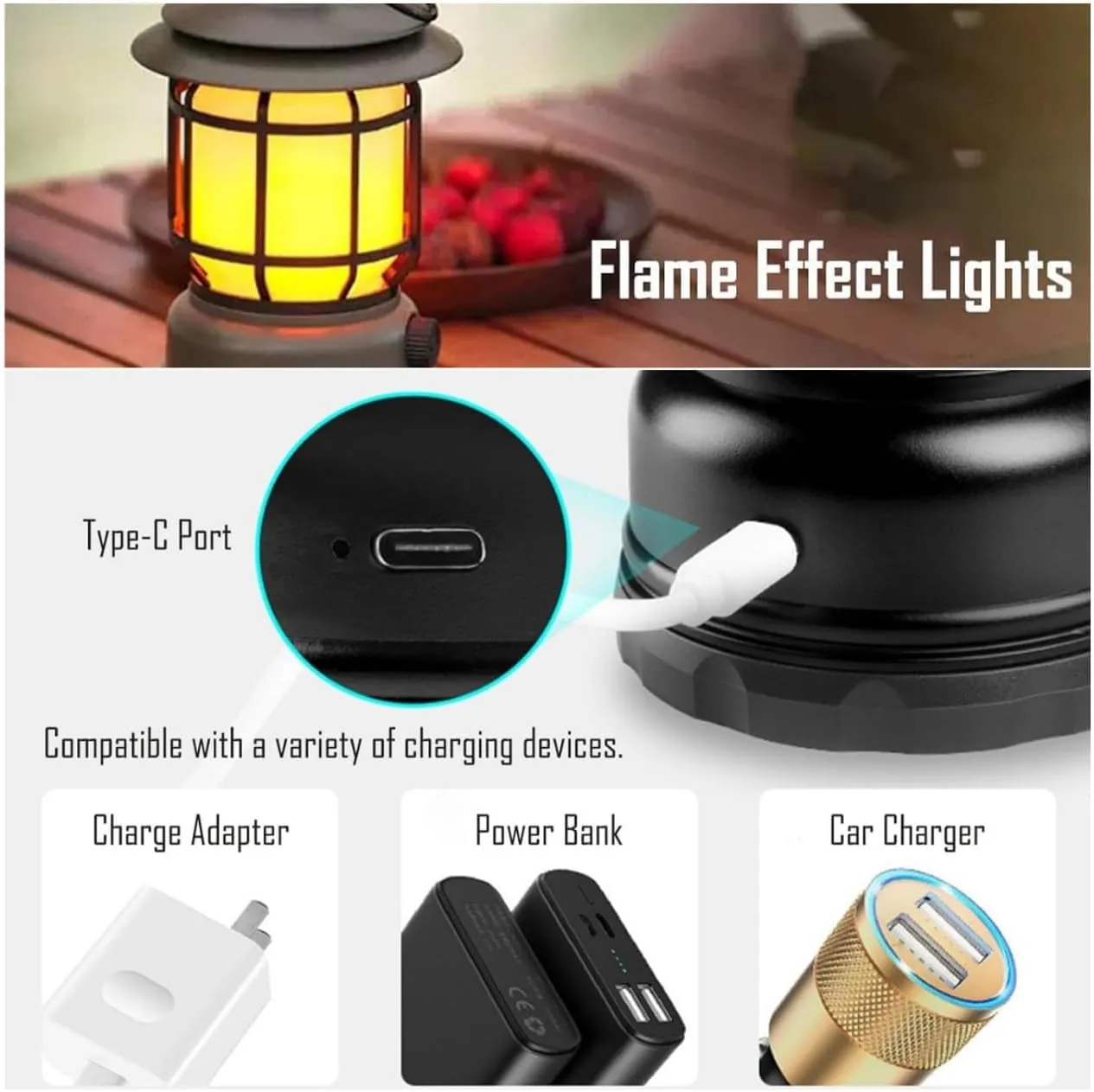 Rechargeable Camping Lantern, Flame Decorative Table Lamp, 3 Modes LED Light with Hook,Portable Waterproof Camping Light for Indoor/Outdoor Use