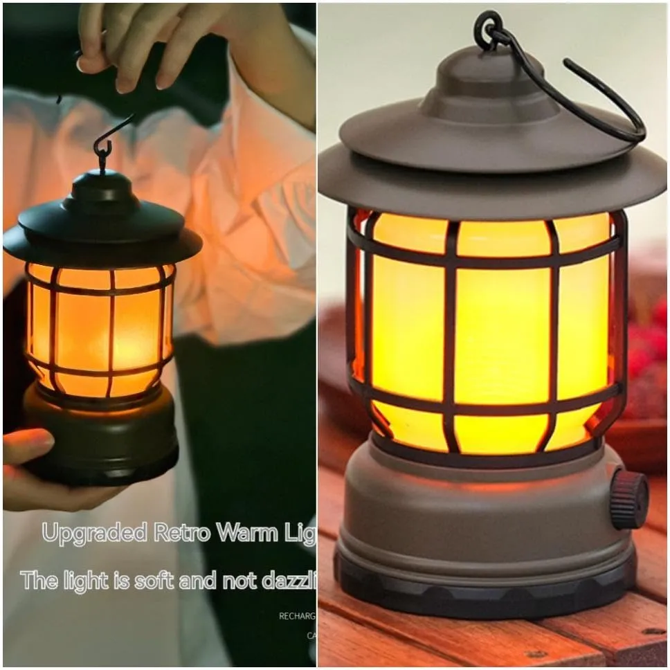 Rechargeable Camping Lantern, Flame Decorative Table Lamp, 3 Modes LED Light with Hook,Portable Waterproof Camping Light for Indoor/Outdoor Use