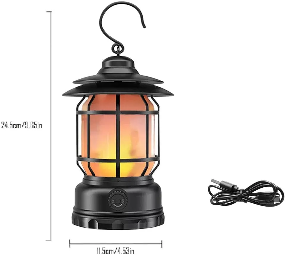 Rechargeable Camping Lantern, Flame Decorative Table Lamp, 3 Modes LED Light with Hook,Portable Waterproof Camping Light for Indoor/Outdoor Use