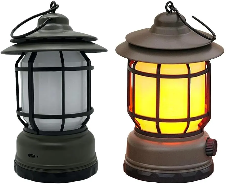 Rechargeable Camping Lantern, Flame Decorative Table Lamp, 3 Modes LED Light with Hook,Portable Waterproof Camping Light for Indoor/Outdoor Use