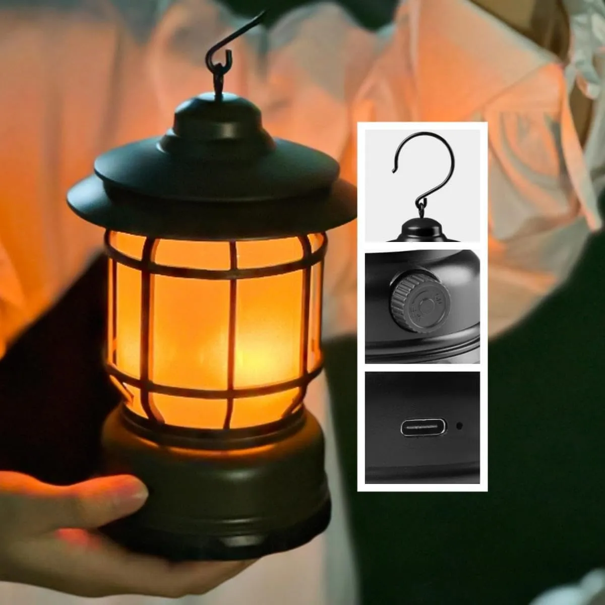 Rechargeable Camping Lantern, Flame Decorative Table Lamp, 3 Modes LED Light with Hook,Portable Waterproof Camping Light for Indoor/Outdoor Use