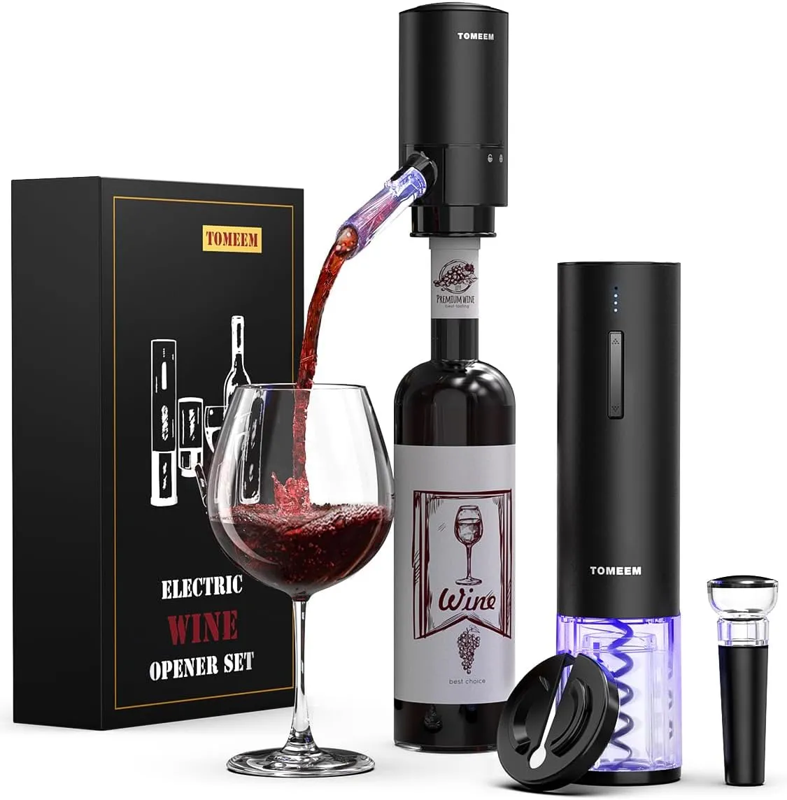 Rechargeable Electric Wine Gift Set - Aerator, Vacuum Stoppers, Foil Cutter and Bottle Opener for Home Bar and Outdoor Parties