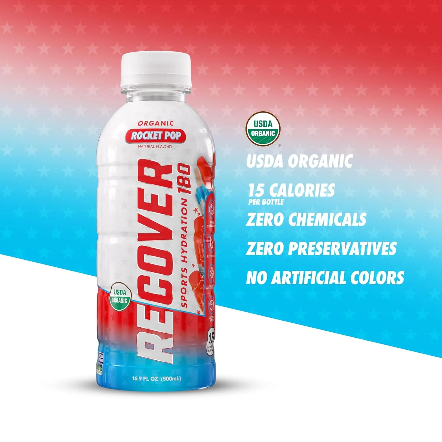 RECOVER 180 Organic Sports Hydration Drink, No Sugar Added, 15 Calorie Sports Beverage, Organic Flavors With Vitamins, Potassium-Packed Electrolytes (16.9 Fl Oz (Pack of 12), Rocket Pop)