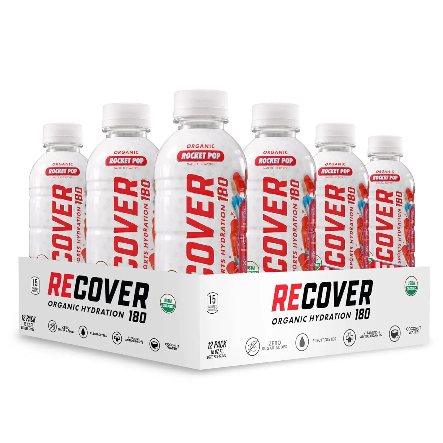 RECOVER 180 Organic Sports Hydration Drink, No Sugar Added, 15 Calorie Sports Beverage, Organic Flavors With Vitamins, Potassium-Packed Electrolytes (16.9 Fl Oz (Pack of 12), Rocket Pop)
