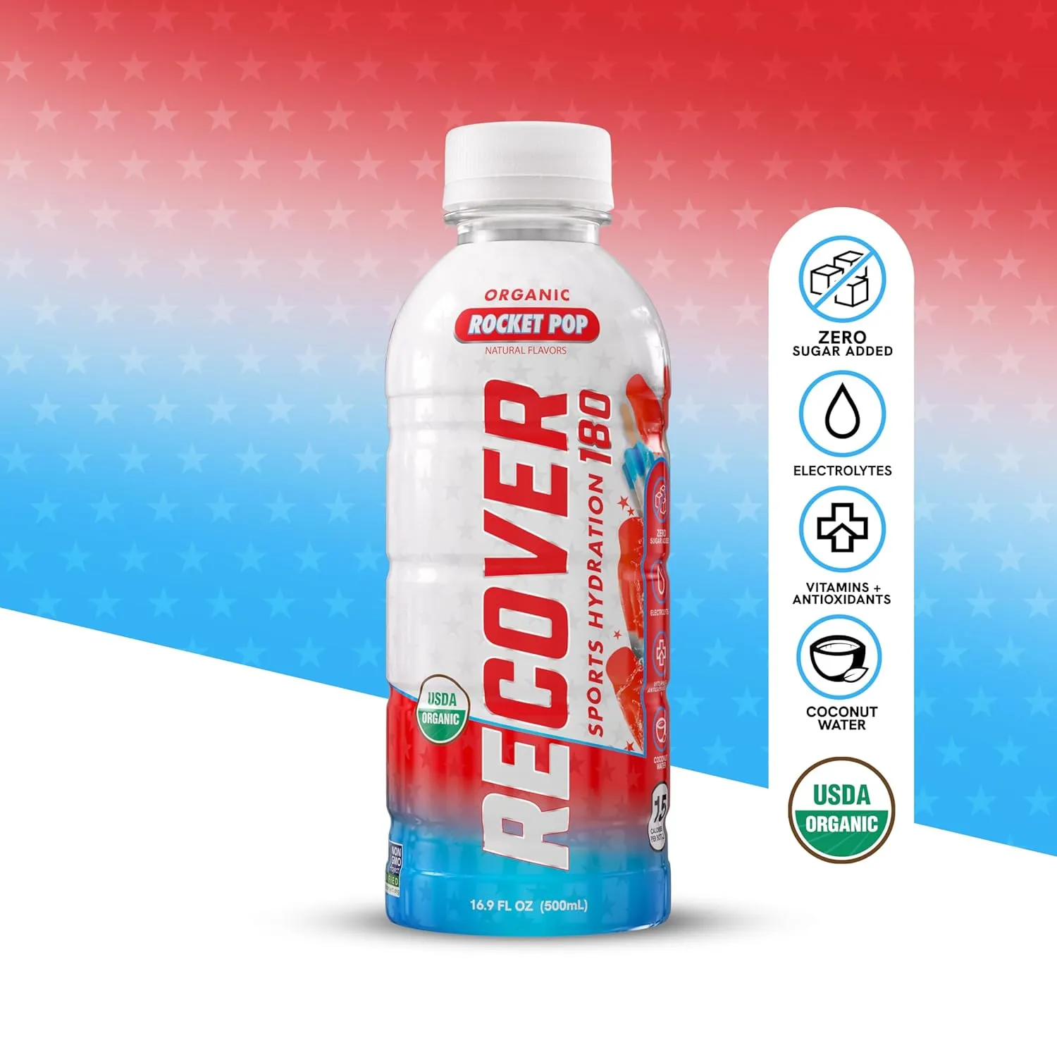 RECOVER 180 Organic Sports Hydration Drink, No Sugar Added, 15 Calorie Sports Beverage, Organic Flavors With Vitamins, Potassium-Packed Electrolytes (16.9 Fl Oz (Pack of 12), Rocket Pop)