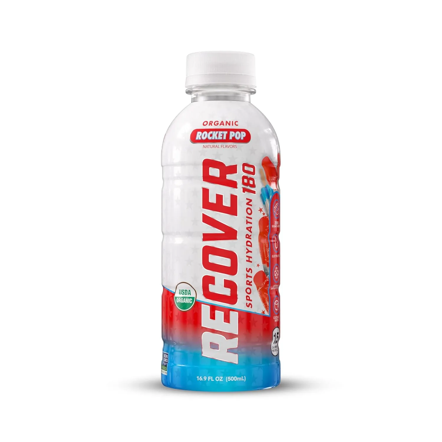 RECOVER 180 Organic Sports Hydration Drink, No Sugar Added, 15 Calorie Sports Beverage, Organic Flavors With Vitamins, Potassium-Packed Electrolytes (16.9 Fl Oz (Pack of 12), Rocket Pop)