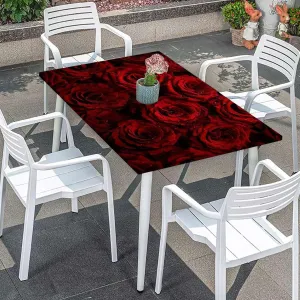 Red Black Elastic Edged Table Covers Roses Bouqet of Affection Elastic Edge, Waterproof and wipeable Dark Red Image Fits up 5 Foot Tables