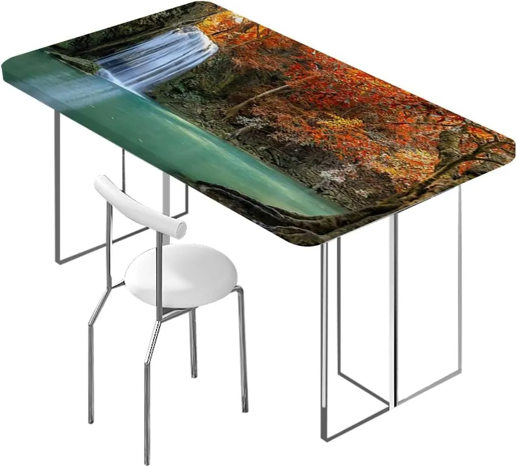 Red Blue Elastic Edge Fitted Tablecloth, Waterfall in Corner of The Deep Forest Rectangle Table Cover for Outdoor Picnic Camping Parties Waterfall Fits up 4 Foot Tables