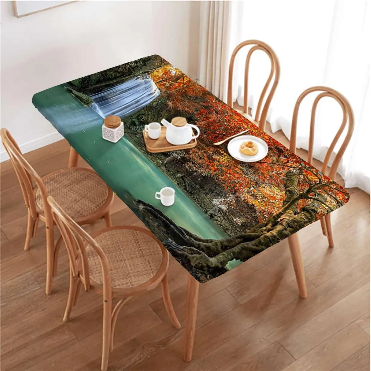 Red Blue Elastic Edge Fitted Tablecloth, Waterfall in Corner of The Deep Forest Rectangle Table Cover for Outdoor Picnic Camping Parties Waterfall Fits up 4 Foot Tables