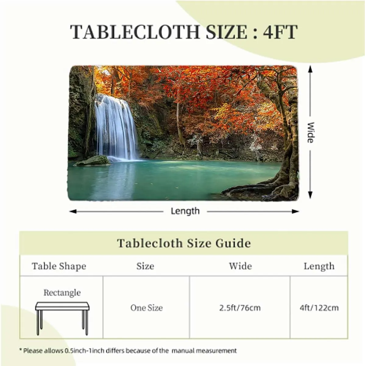 Red Blue Elastic Edge Fitted Tablecloth, Waterfall in Corner of The Deep Forest Rectangle Table Cover for Outdoor Picnic Camping Parties Waterfall Fits up 4 Foot Tables