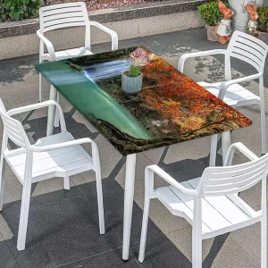 Red Blue Elastic Edge Fitted Tablecloth, Waterfall in Corner of The Deep Forest Rectangle Table Cover for Outdoor Picnic Camping Parties Waterfall Fits up 4 Foot Tables