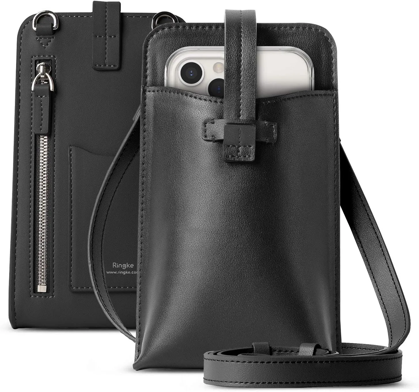 Ringke Mini Cross Bag PU Leather Purse for Smartphone Crossbody Wallet Case Card Holder Removable Zipper Adjustable Strap