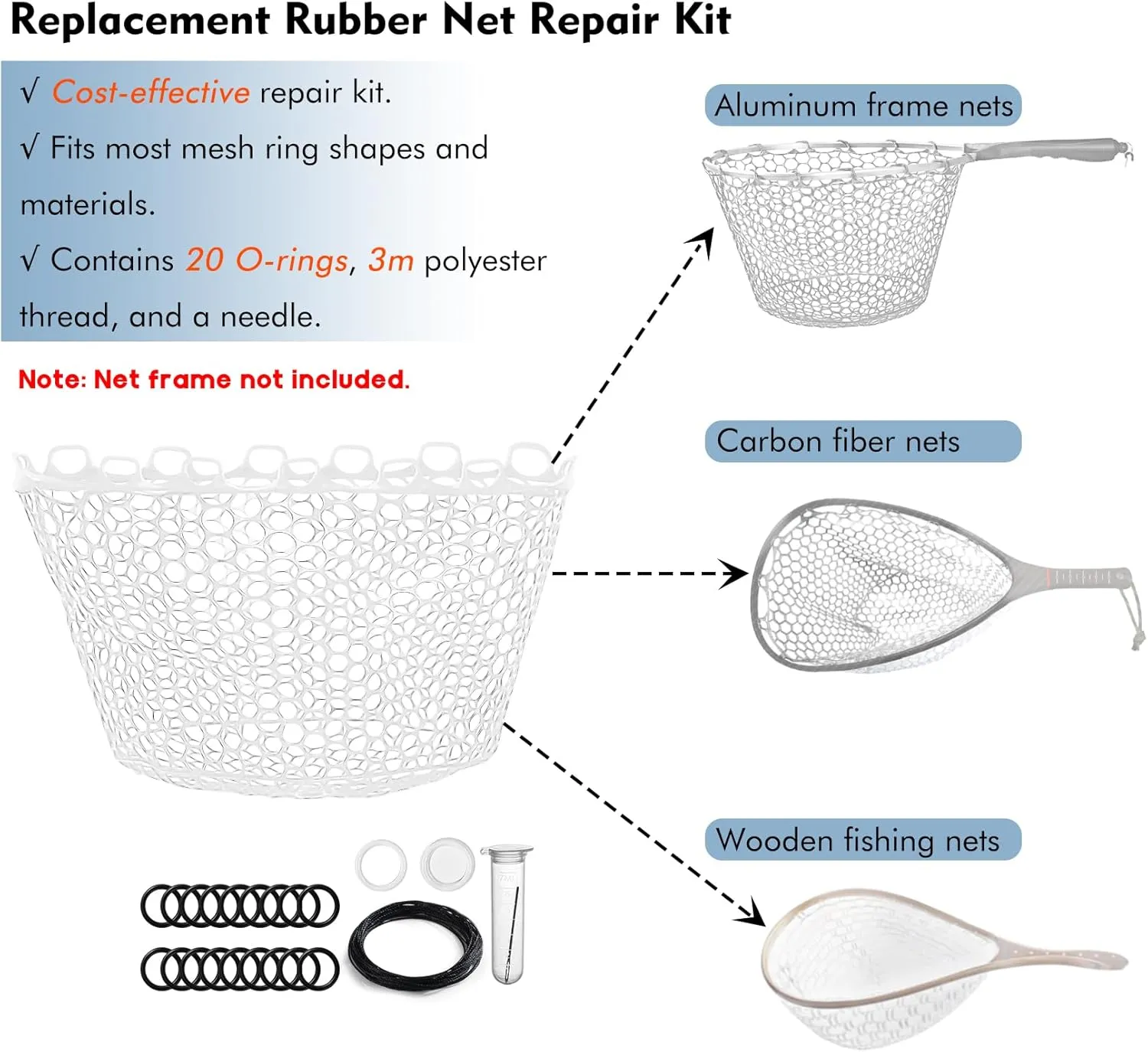 Riverruns Rubber Net Replacement Fishing Net Bag Fly Fishing Foldable Fish Landing Net for Freshwater Saltwater Without Handle 6 Sizes