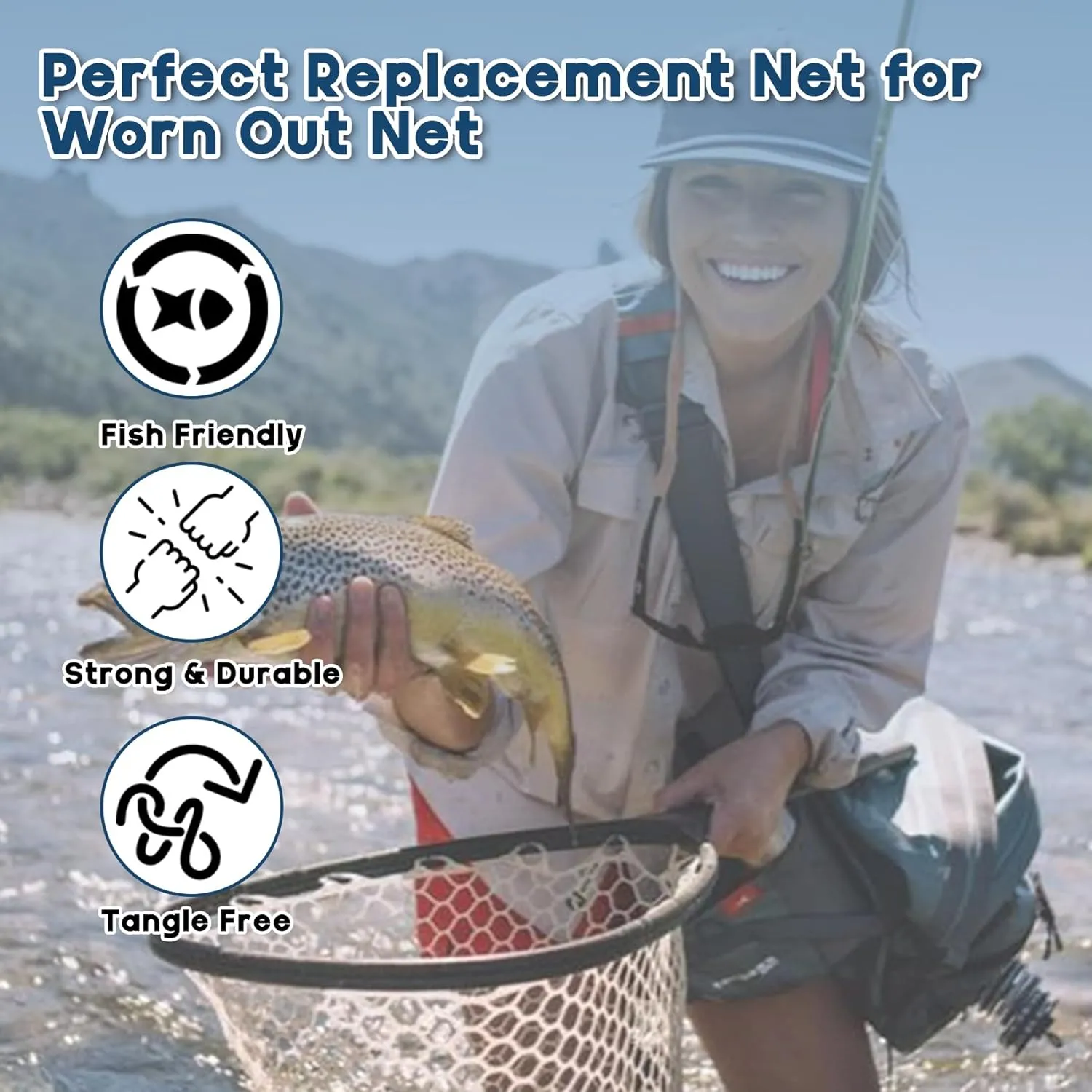 Riverruns Rubber Net Replacement Fishing Net Bag Fly Fishing Foldable Fish Landing Net for Freshwater Saltwater Without Handle 6 Sizes