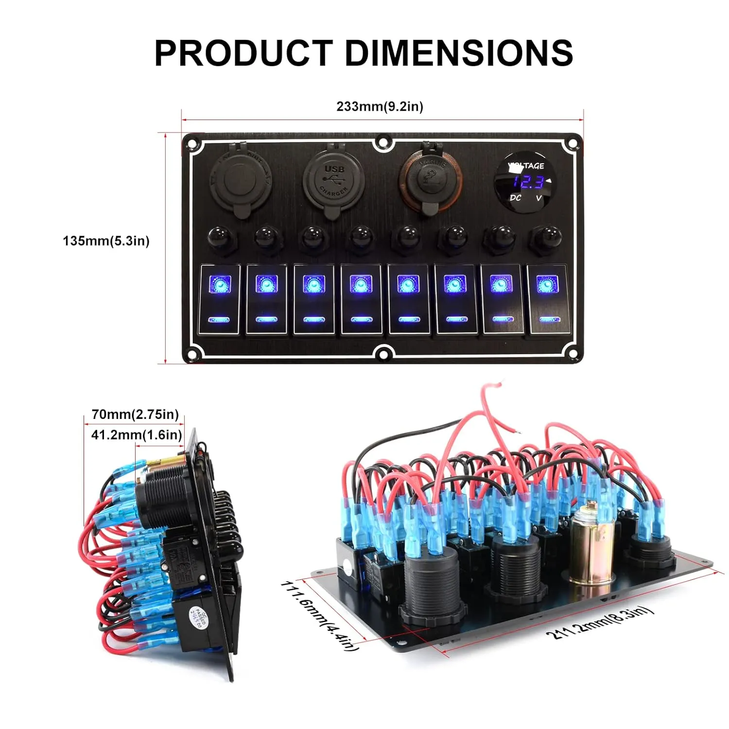 Rocker Switch Panel – 8 Gang Aluminum Toggle Panel, 12V/24V with Voltmeter 4.2A Dual USB Charger Port Power Outlet, 5 Pin On-Off for Automotive Truck Jeep RV UTV (Black)