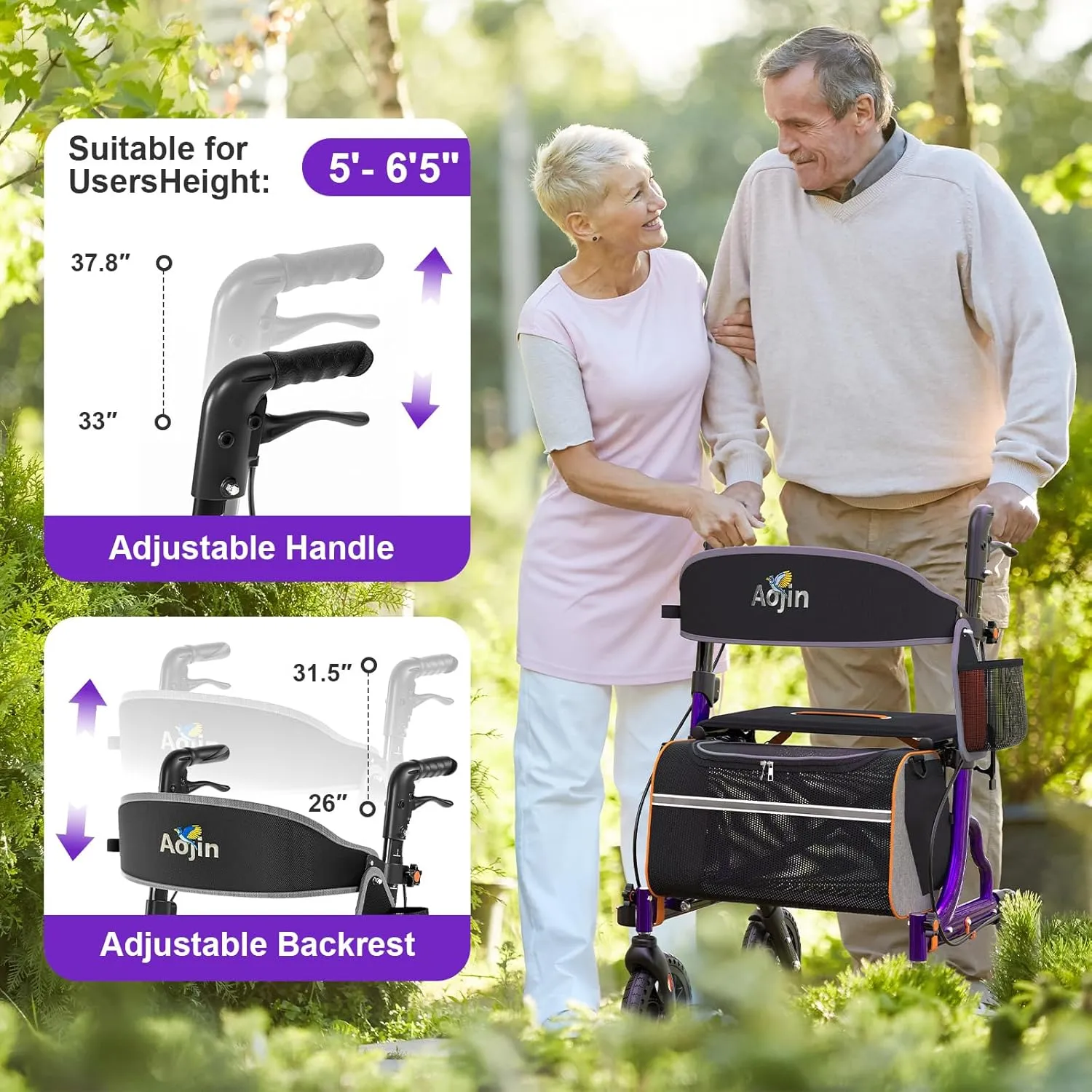 Rollator Walkers for Seniors with Seat, Foldable Walkers for Seniors, 8" All-Terrain Wheels, 18" Big Seat, 6-Level Adjustable Height Rolling Walker, 350 lb, Walker for Seniors & Adults (Purple)