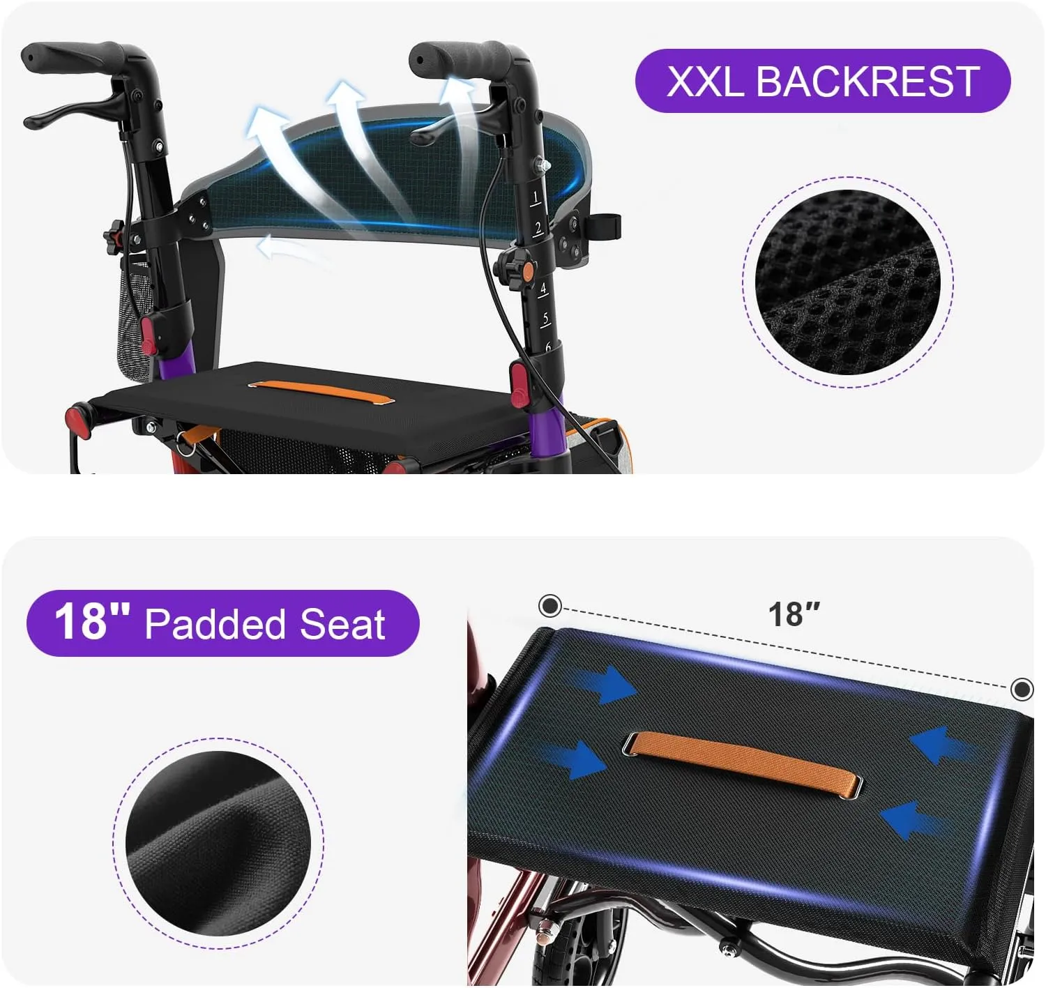 Rollator Walkers for Seniors with Seat, Foldable Walkers for Seniors, 8" All-Terrain Wheels, 18" Big Seat, 6-Level Adjustable Height Rolling Walker, 350 lb, Walker for Seniors & Adults (Purple)