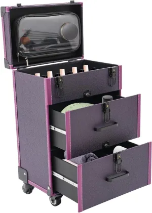 Rolling Makeup Train Case, Cosmetology Nail Case with Makeup Pouch, Cosmetic Trolley Travelling Cart Trunk with Sliding Drawer & Keys for Artists Nail Technician Salon Cart Trunk (Purple Black)