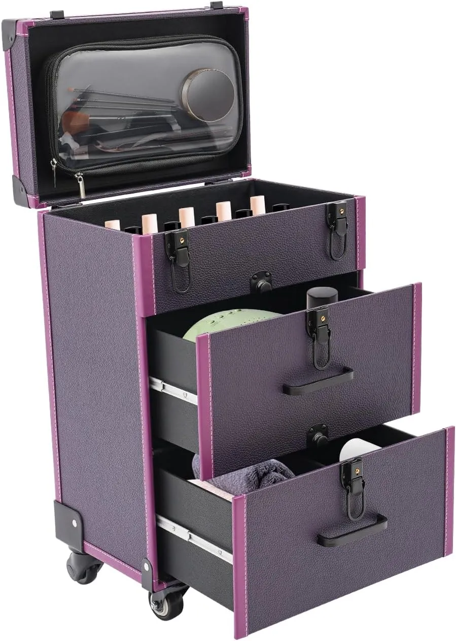 Rolling Makeup Train Case, Cosmetology Nail Case with Makeup Pouch, Cosmetic Trolley Travelling Cart Trunk with Sliding Drawer & Keys for Artists Nail Technician Salon Cart Trunk (Purple Black)