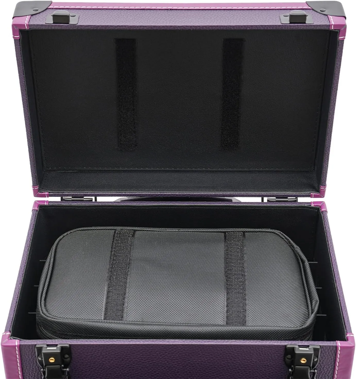 Rolling Makeup Train Case, Cosmetology Nail Case with Makeup Pouch, Cosmetic Trolley Travelling Cart Trunk with Sliding Drawer & Keys for Artists Nail Technician Salon Cart Trunk (Purple Black)