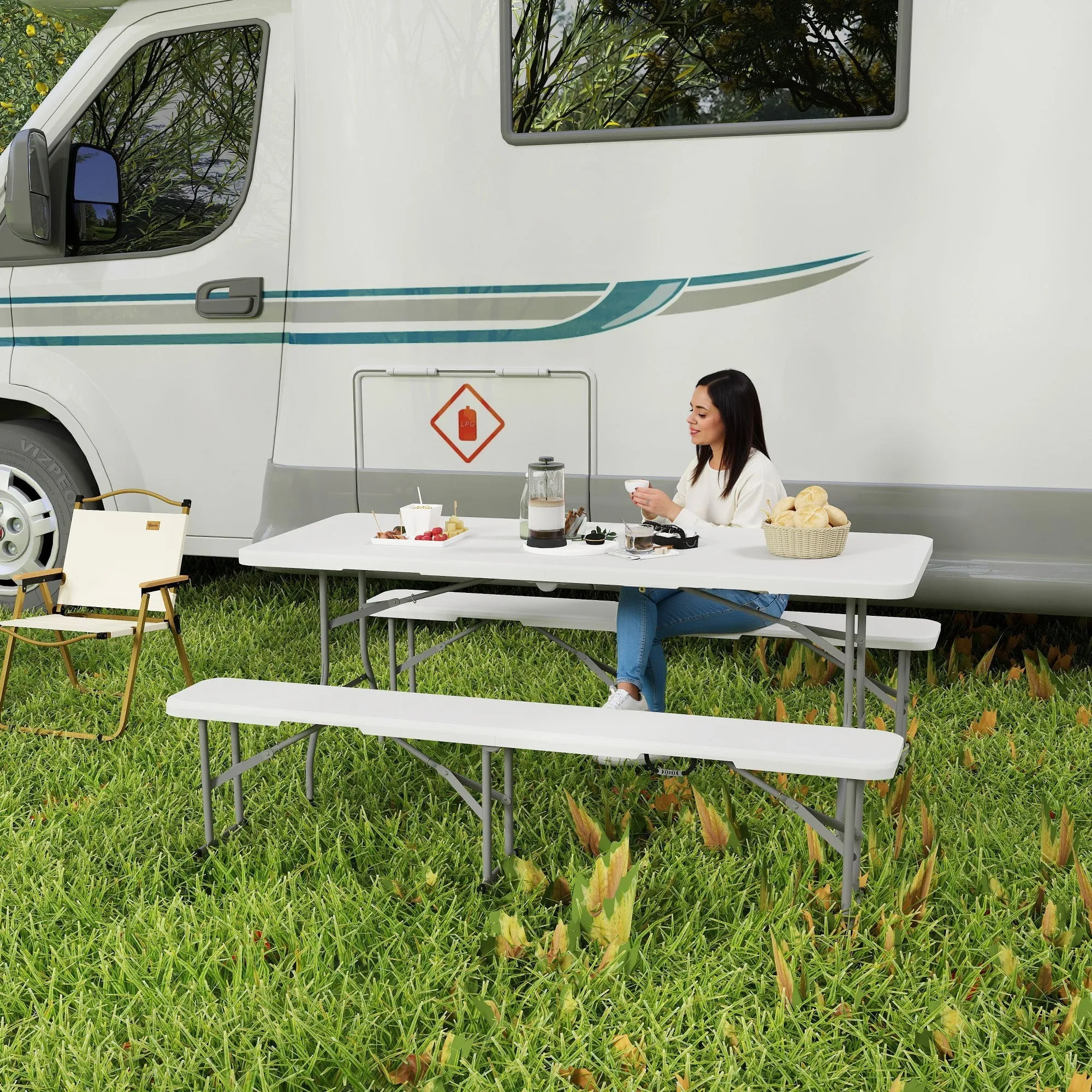 Rootz 3-Part Picnic Set - Portable Table - Folding Benches - Waterproof & Durable - Table: 180x74x74cm, Benches: 182x28x42cm