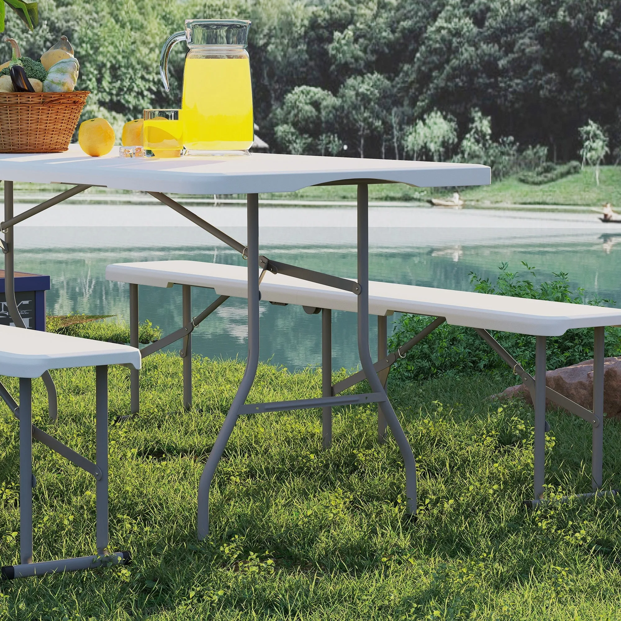 Rootz 3-Part Picnic Set - Portable Table - Folding Benches - Waterproof & Durable - Table: 180x74x74cm, Benches: 182x28x42cm