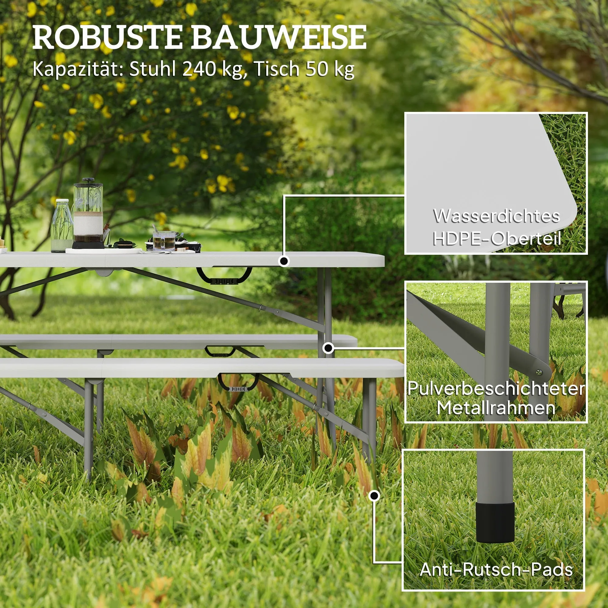 Rootz 3-Part Picnic Set - Portable Table - Folding Benches - Waterproof & Durable - Table: 180x74x74cm, Benches: 182x28x42cm