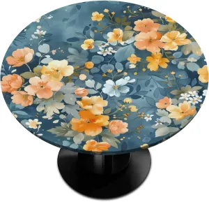 Round Polyester Tablecloth Wildflower Bush Elastic Table Cloth Waterproof Oil Proof Table Cover Fits 36"-42" Round Tables for Dinner, Outdoor, Picnic, Lakes Blue