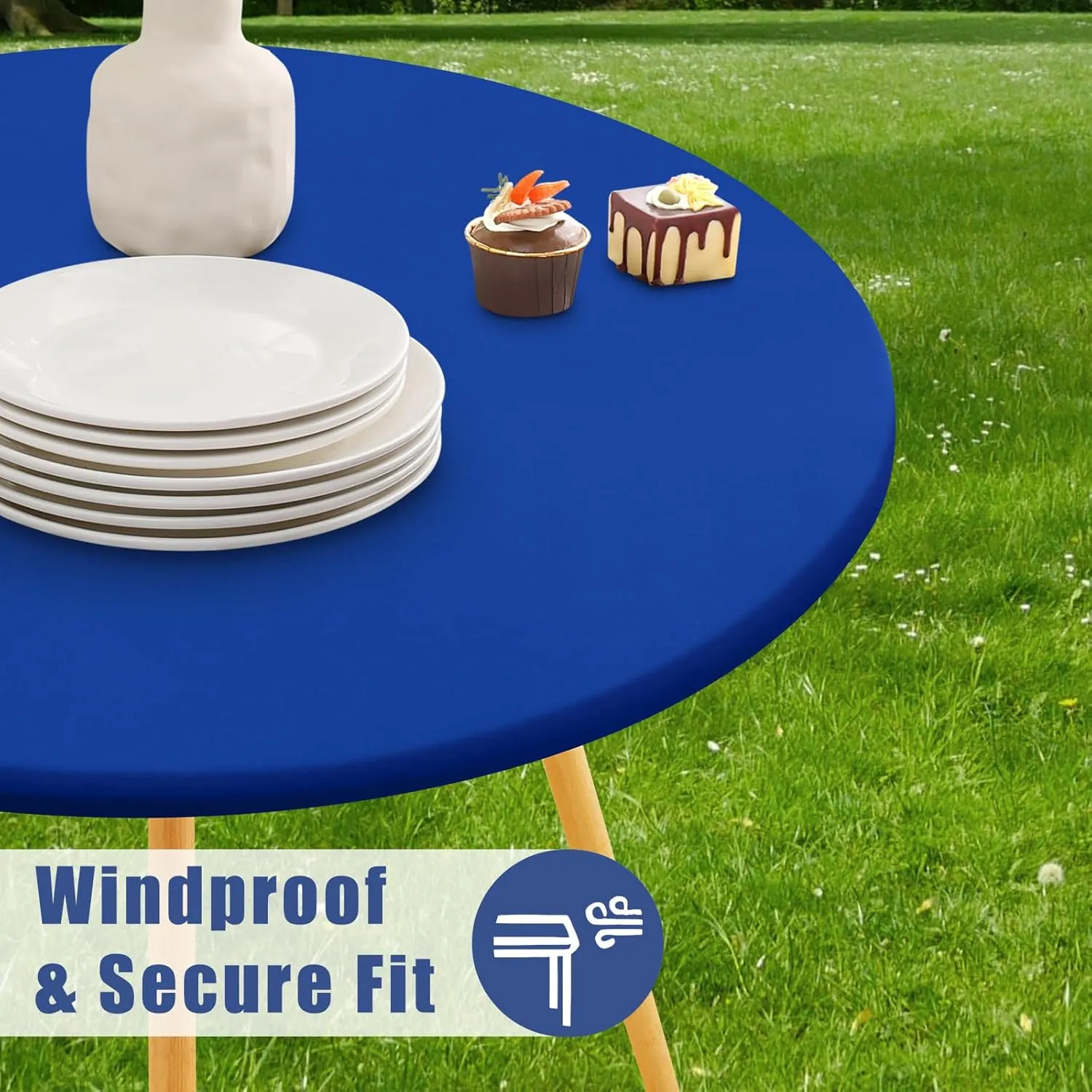 Round Spandex Table Cloth, Elastic Fitted Waterproof Tablecloths for 45"-56" Tables, Stretch Washable Picnic Table Cover for Camping, Dining, Indoor and Outdoor, Blue