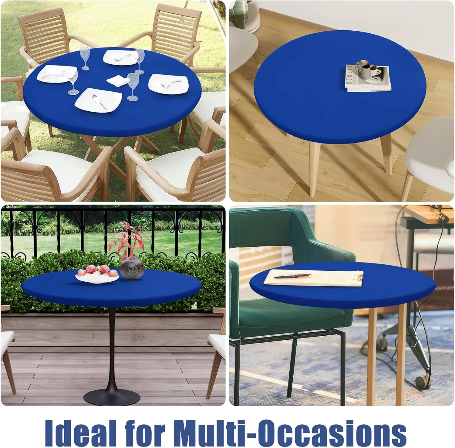 Round Spandex Table Cloth, Elastic Fitted Waterproof Tablecloths for 45"-56" Tables, Stretch Washable Picnic Table Cover for Camping, Dining, Indoor and Outdoor, Blue