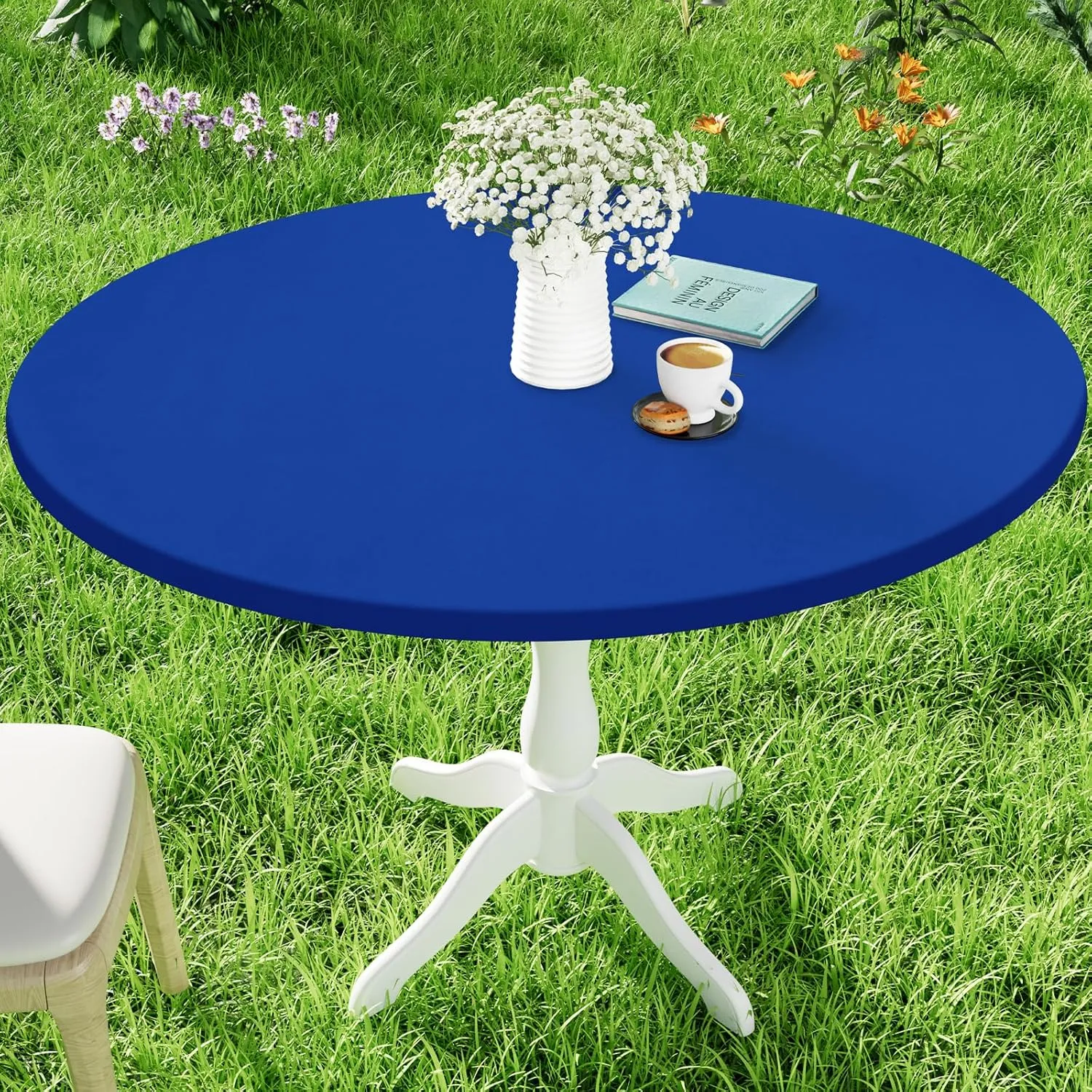 Round Spandex Table Cloth, Elastic Fitted Waterproof Tablecloths for 45"-56" Tables, Stretch Washable Picnic Table Cover for Camping, Dining, Indoor and Outdoor, Blue