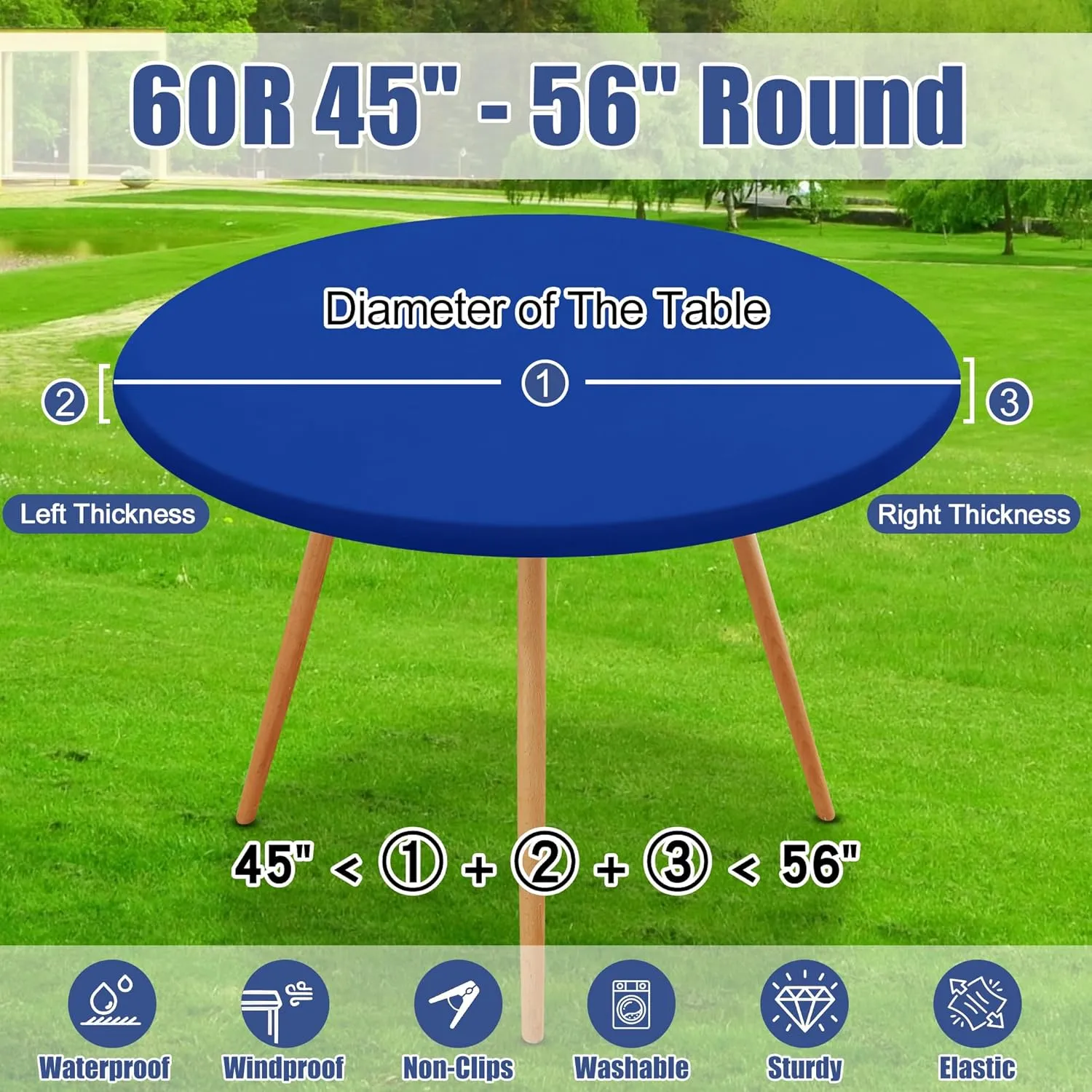 Round Spandex Table Cloth, Elastic Fitted Waterproof Tablecloths for 45"-56" Tables, Stretch Washable Picnic Table Cover for Camping, Dining, Indoor and Outdoor, Blue