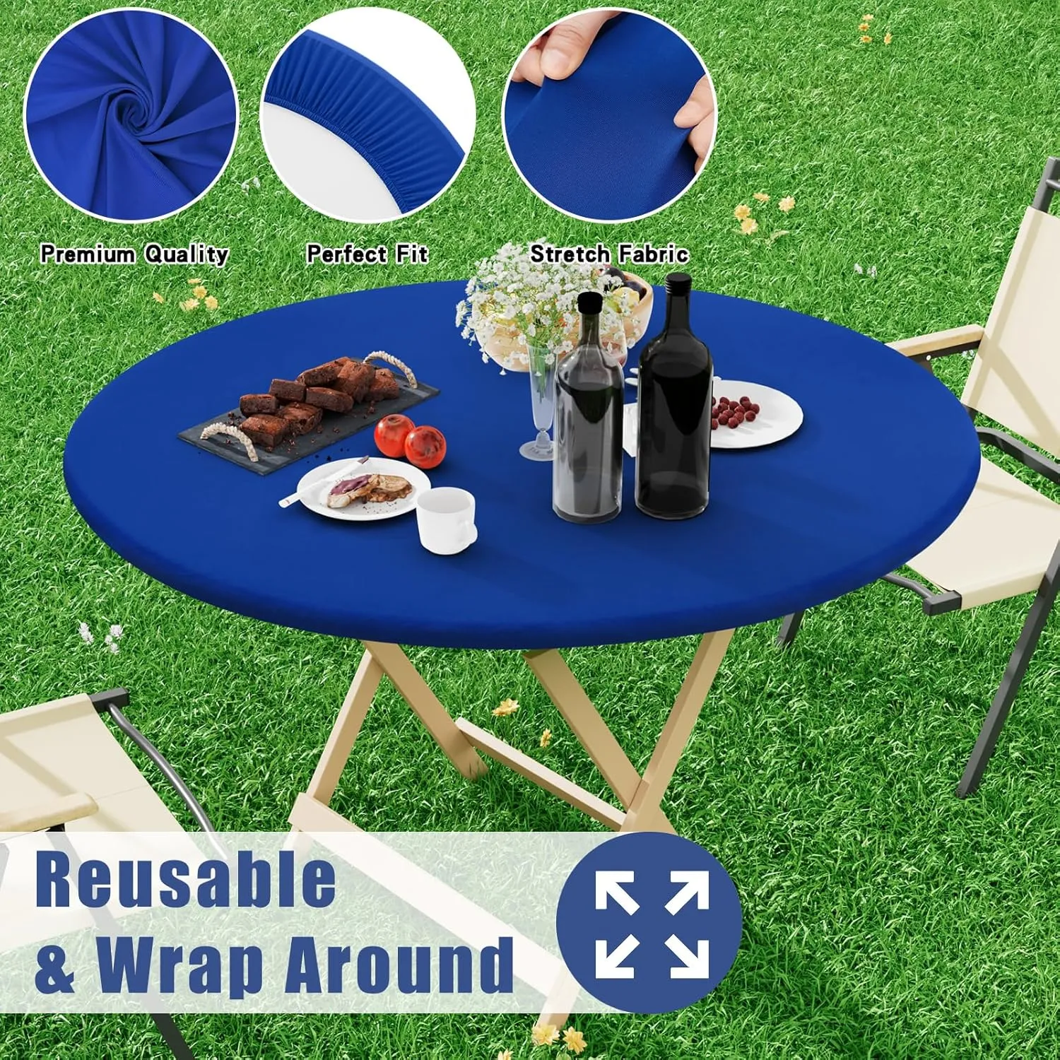Round Spandex Table Cloth, Elastic Fitted Waterproof Tablecloths for 45"-56" Tables, Stretch Washable Picnic Table Cover for Camping, Dining, Indoor and Outdoor, Blue