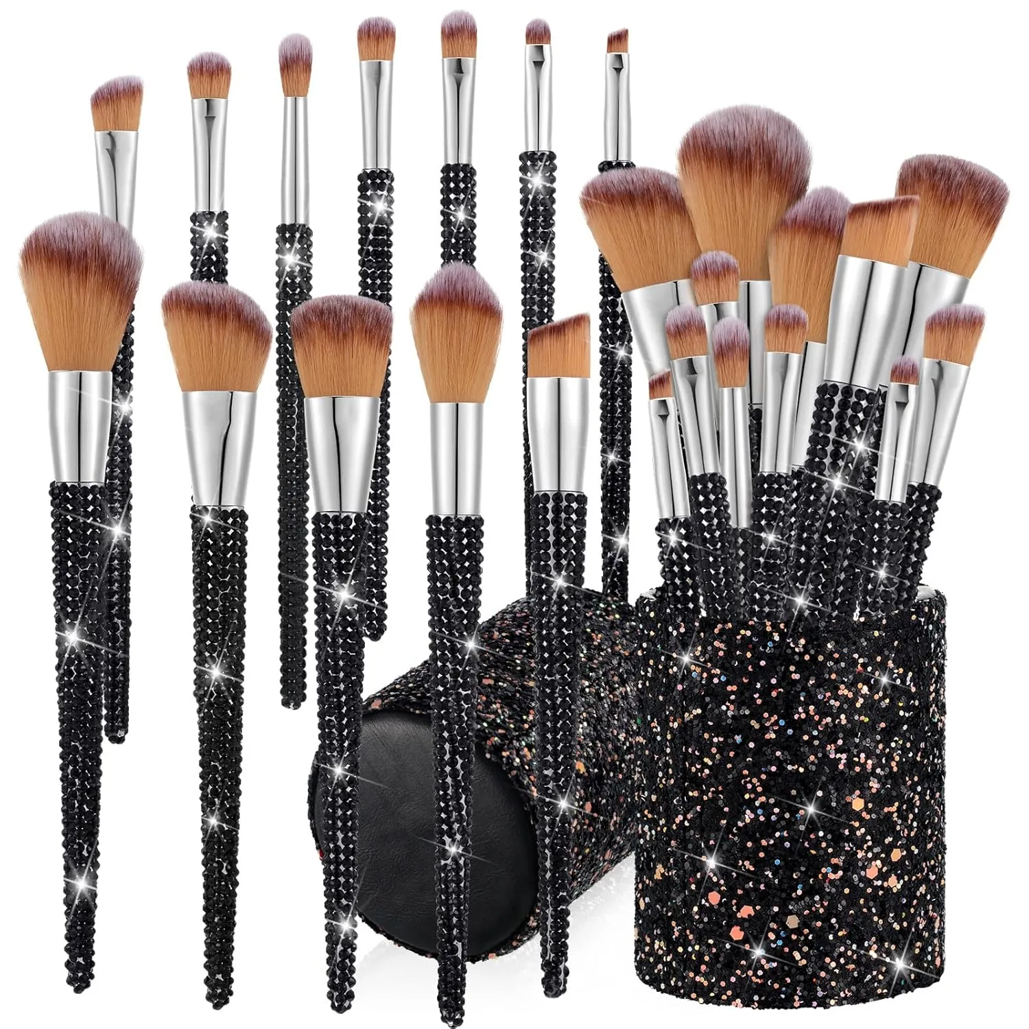 Rtteri 13 Pcs Rhinestone Makeup Brushes Set Bling Crystal Professional Face Cosmetics Blending Liquid Foundation Powder Concealer Eye Shadows Make up Beauty Tool Glitter with Holder (Black)