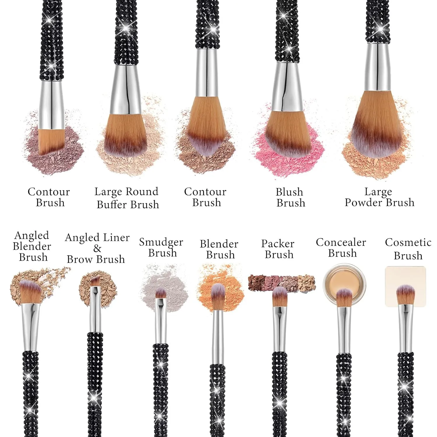 Rtteri 13 Pcs Rhinestone Makeup Brushes Set Bling Crystal Professional Face Cosmetics Blending Liquid Foundation Powder Concealer Eye Shadows Make up Beauty Tool Glitter with Holder (Black)