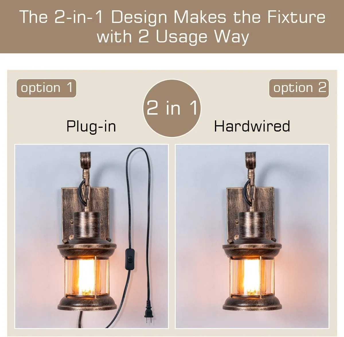 Rustic Wall Light, 2-in-1 Antique Bronze Vintage Wall Light Fixture Plug in Industrial Glass Shade Lantern Lighting Retro Lamp Metal Wall Sconce for Home Bedroom Dining Room café(1 Pack)