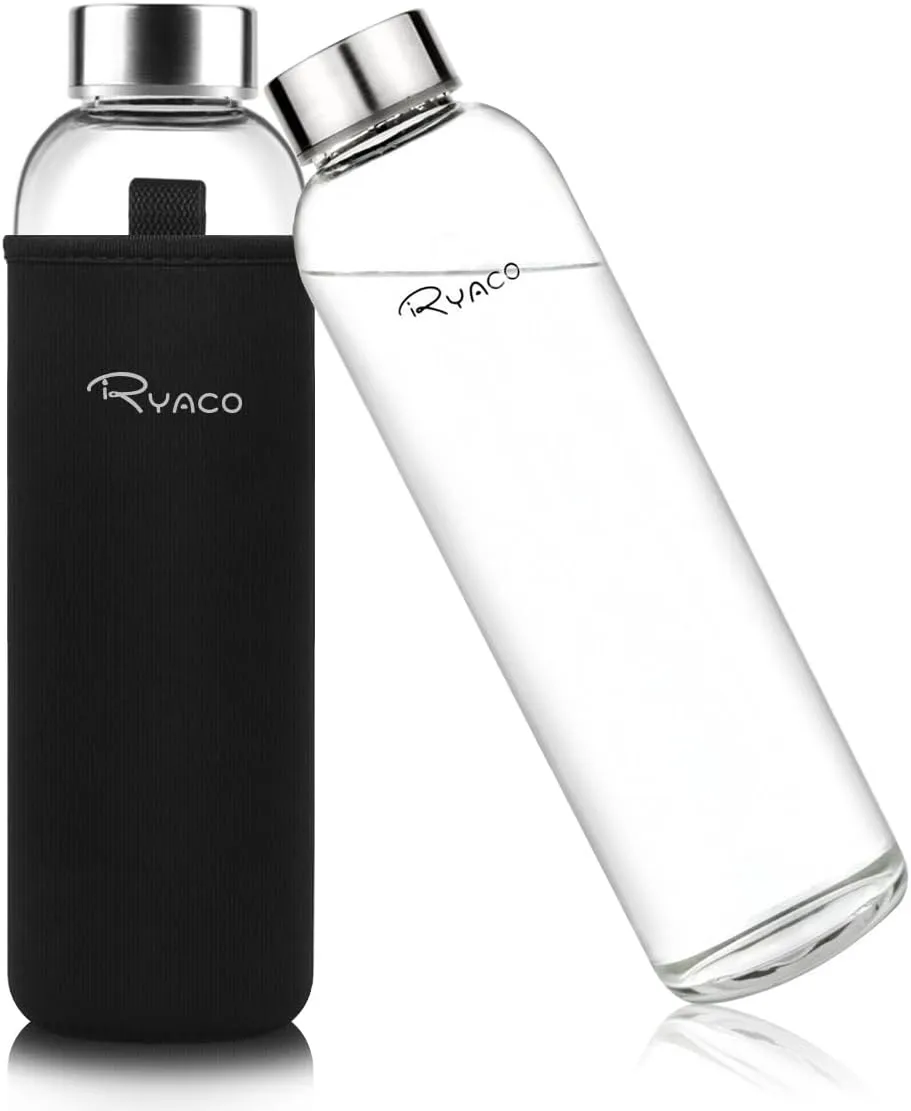 Ryaco Borosilicate Glass Water Bottle 1000ml/1L BPA-Free Leak Proof Ideal for School Home Office Travel Sport Yoga Gym Hot Cold Drinks with Portable Neoprene Carrying Sleeve and Sponge Brush