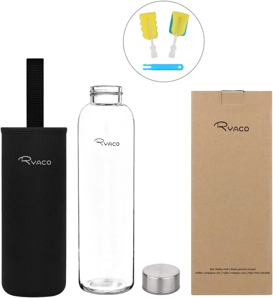 Ryaco Borosilicate Glass Water Bottle 1000ml/1L BPA-Free Leak Proof Ideal for School Home Office Travel Sport Yoga Gym Hot Cold Drinks with Portable Neoprene Carrying Sleeve and Sponge Brush