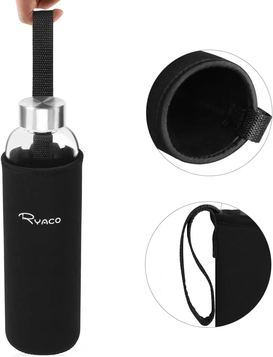 Ryaco Borosilicate Glass Water Bottle 1000ml/1L BPA-Free Leak Proof Ideal for School Home Office Travel Sport Yoga Gym Hot Cold Drinks with Portable Neoprene Carrying Sleeve and Sponge Brush
