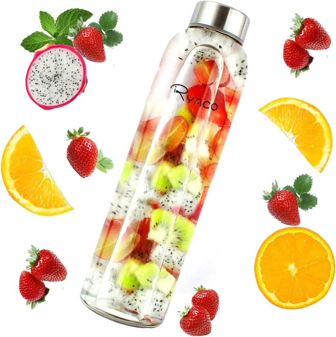 Ryaco Borosilicate Glass Water Bottle 1000ml/1L BPA-Free Leak Proof Ideal for School Home Office Travel Sport Yoga Gym Hot Cold Drinks with Portable Neoprene Carrying Sleeve and Sponge Brush
