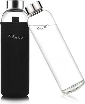Ryaco Borosilicate Glass Water Bottle 1000ml/1L BPA-Free Leak Proof Ideal for School Home Office Travel Sport Yoga Gym Hot Cold Drinks with Portable Neoprene Carrying Sleeve and Sponge Brush