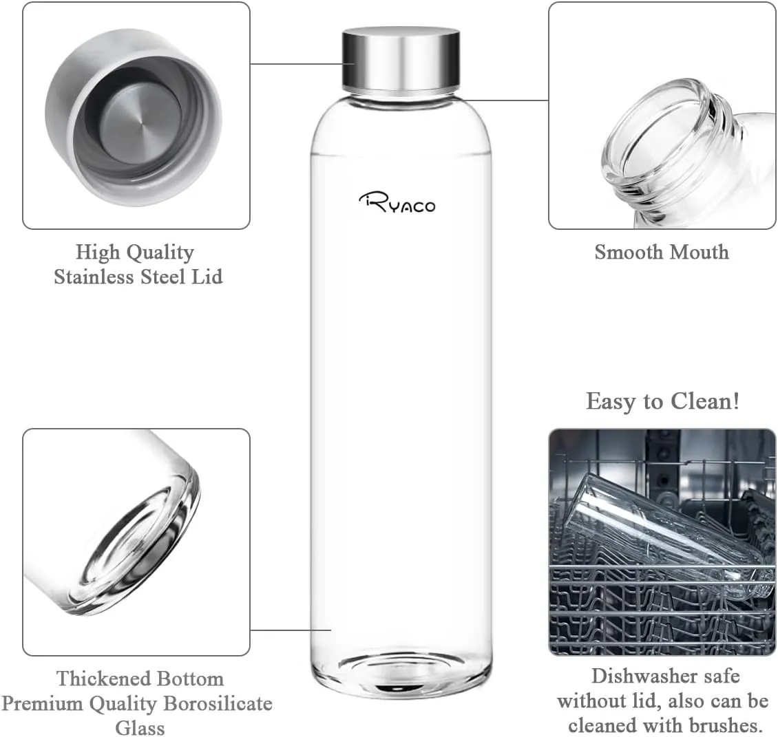 Ryaco Borosilicate Glass Water Bottle 1000ml/1L BPA-Free Leak Proof Ideal for School Home Office Travel Sport Yoga Gym Hot Cold Drinks with Portable Neoprene Carrying Sleeve and Sponge Brush