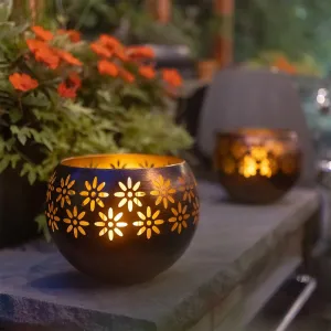 Rynx | Original Solar Fire Bowl 8” (2-Pack) Decorative metal sun outdoor lighting with flickering flame, waterproof twilight-to-dawn garden lantern in bronze/copper